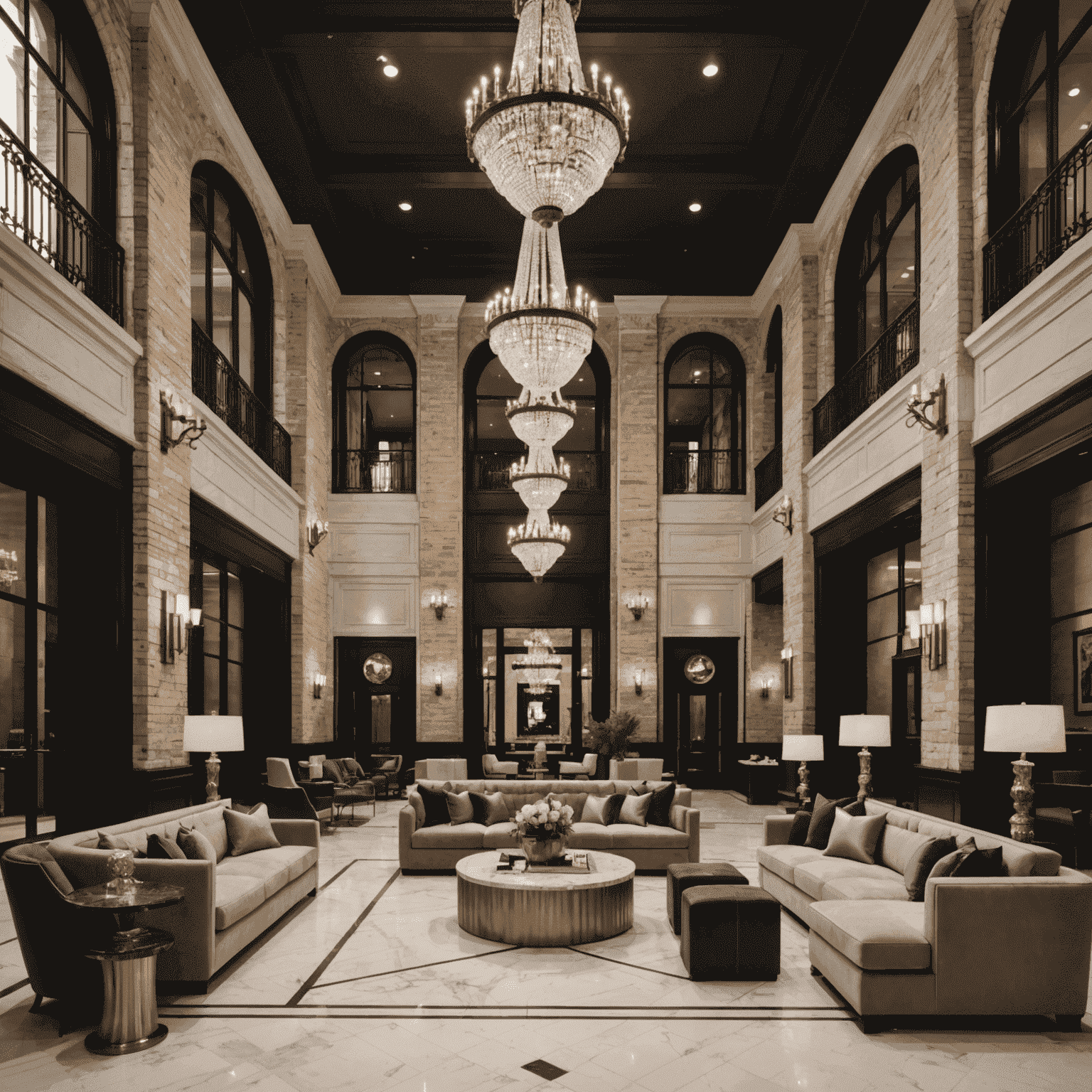 Luxurious hotel lobby with high ceilings, crystal chandeliers, marble floors, and elegant seating areas. The space exudes urban luxury with industrial touches like exposed brick walls and metal accents.