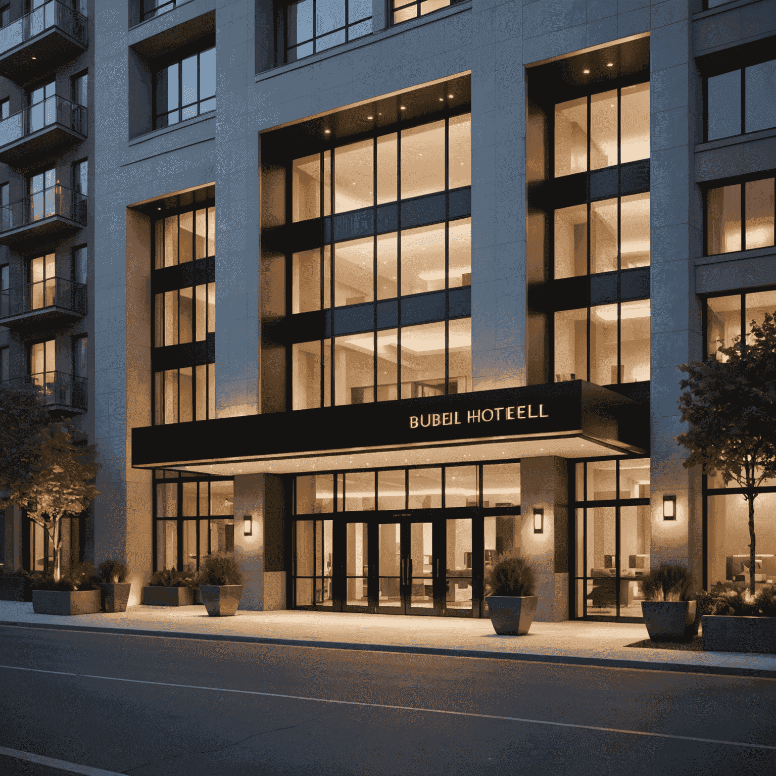 Exterior view of a luxurious urban hotel with sleek architecture, featuring floor-to-ceiling windows and a grand entrance adorned with modern lighting fixtures