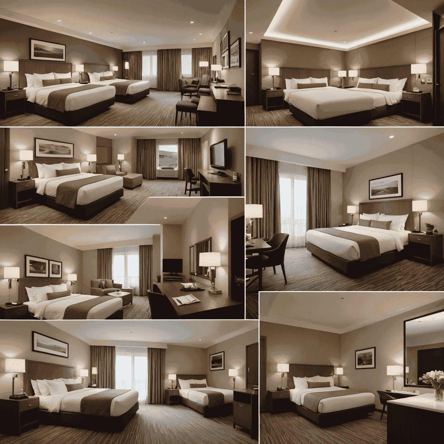 A collage of budget-friendly hotel rooms, showcasing clean, modern interiors with stylish furnishings and warm lighting