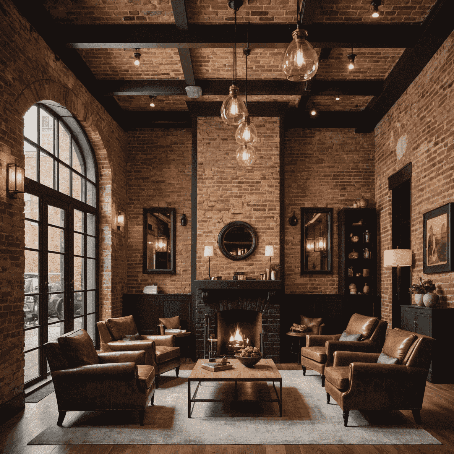 A cozy boutique hotel lobby with exposed brick walls, leather armchairs, and a warm fireplace. Industrial-style lighting fixtures hang from the ceiling, creating an inviting atmosphere.