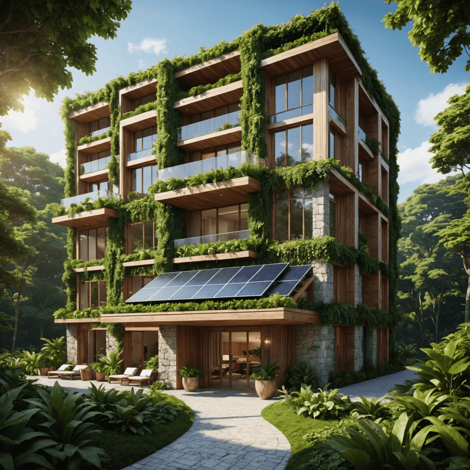 A luxurious eco-friendly hotel exterior with solar panels, living walls, and surrounded by lush greenery. The building features modern architecture with natural materials like wood and stone.