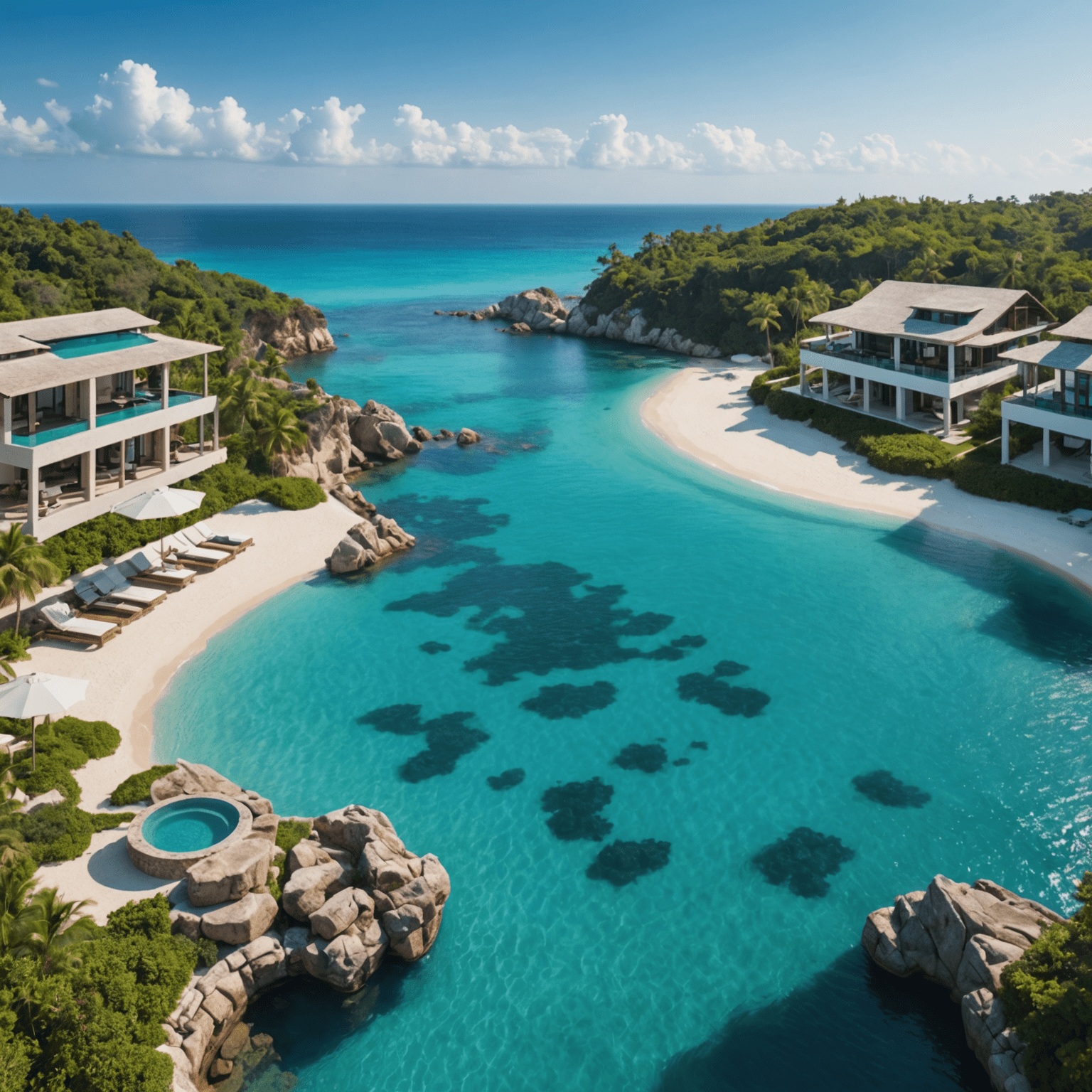 Panoramic view of a coastal luxury resort with infinity pools overlooking a pristine beach and turquoise waters