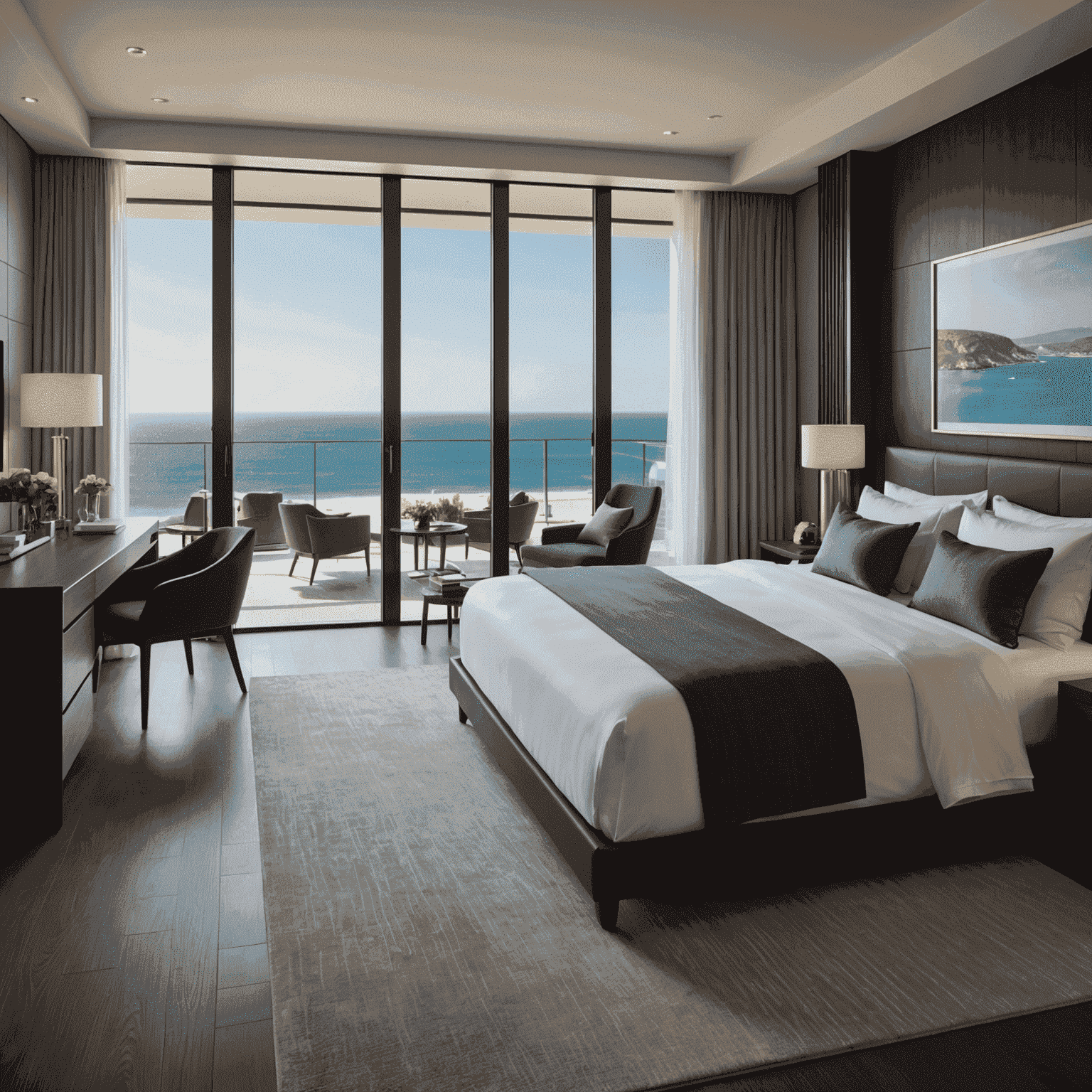 A sleek, modern hotel room with floor-to-ceiling windows overlooking a picturesque coastline. The room features a minimalist design with dark wood furnishings and metallic accents.