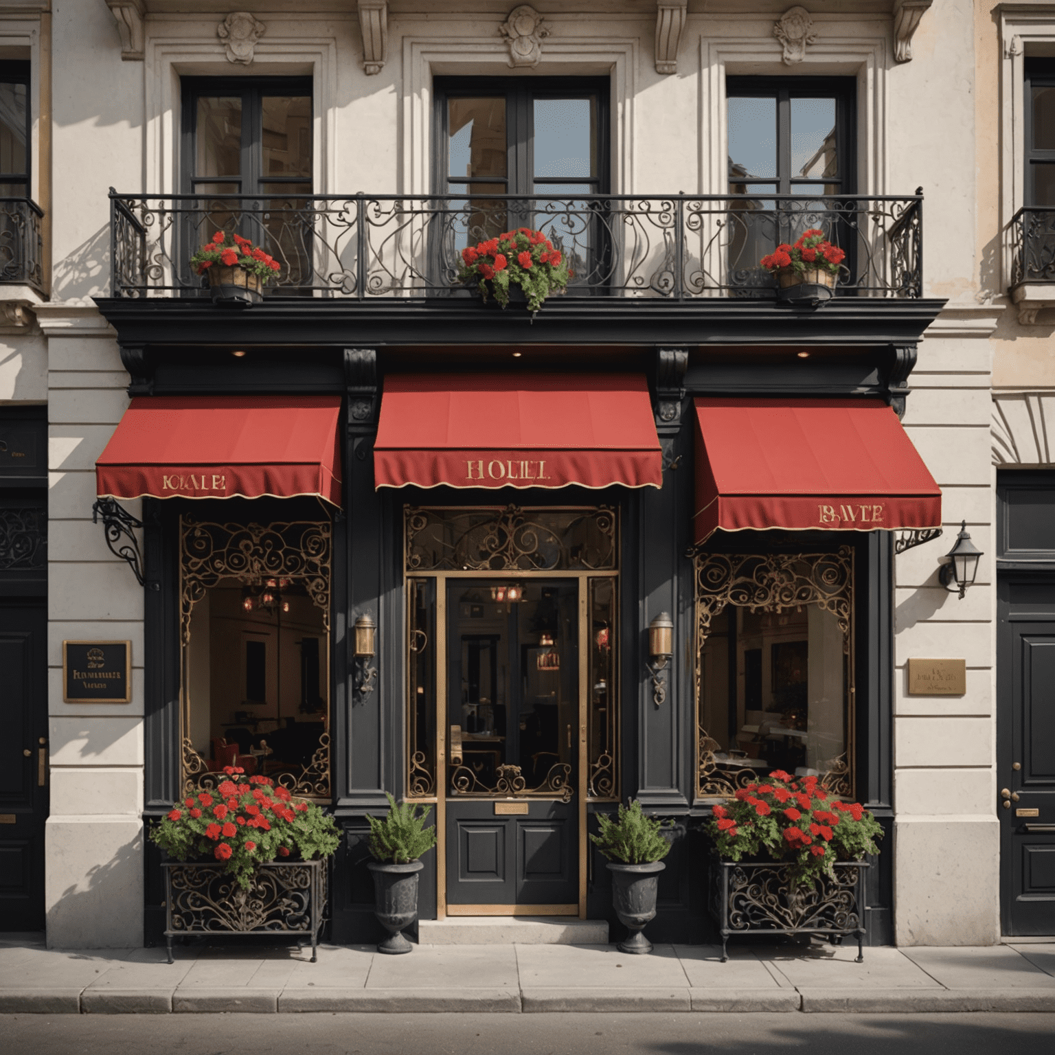 A charming boutique hotel exterior with a vintage facade, wrought iron balconies, and flower boxes. The entrance features a red awning and brass fixtures.