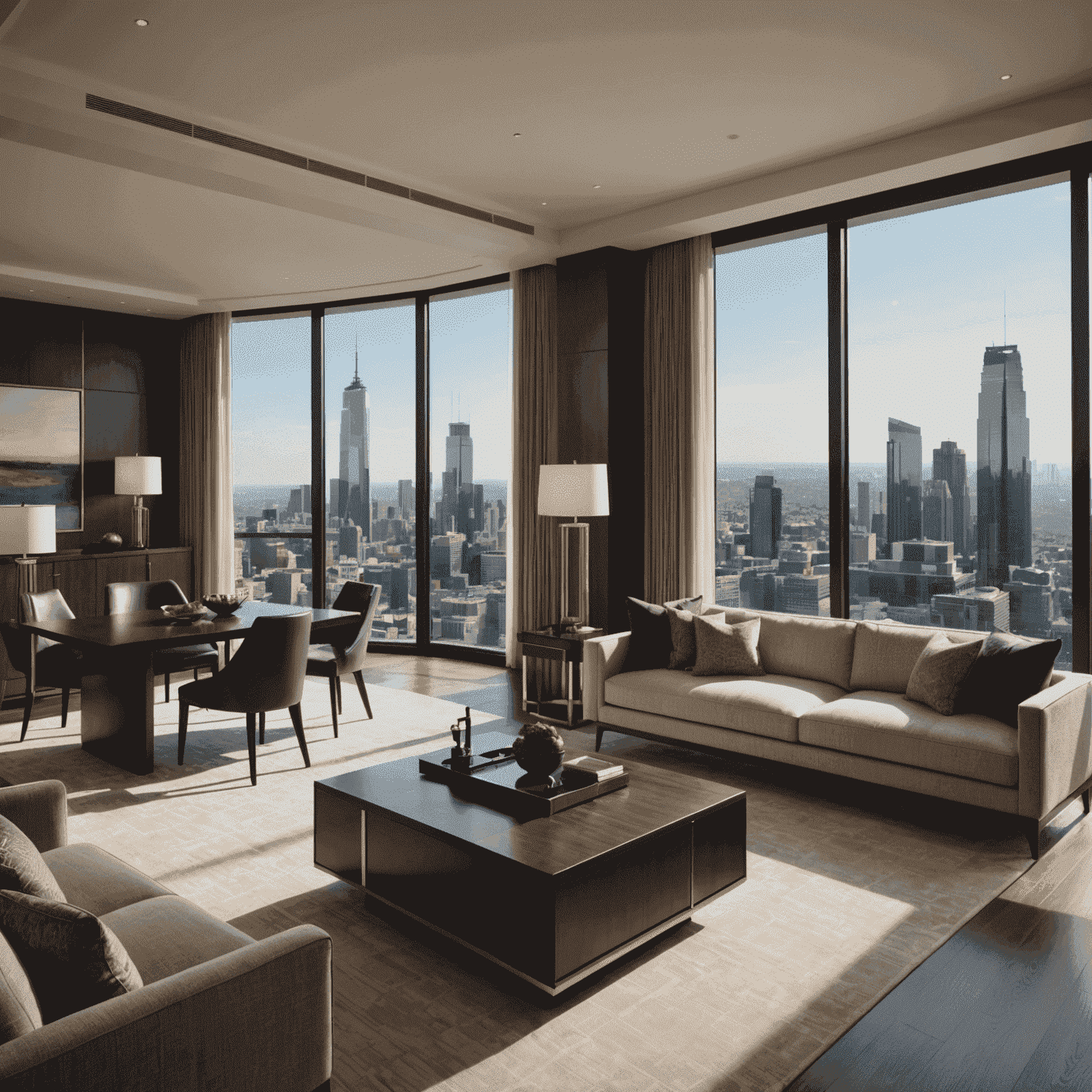 Interior shot of a luxurious hotel suite with floor-to-ceiling windows offering panoramic city views, featuring modern furnishings and rich, dark wood accents