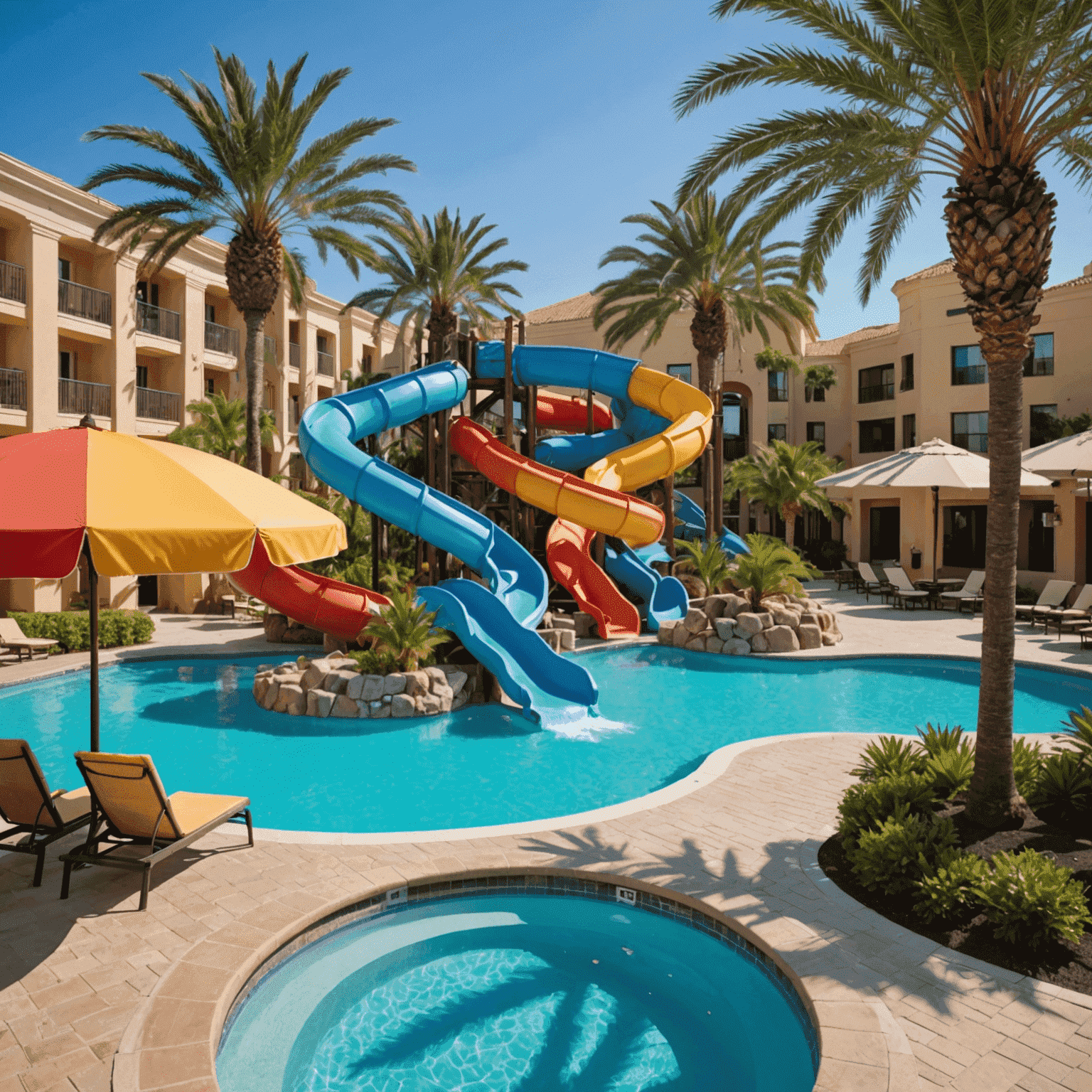 A family-friendly hotel pool area with colorful water slides, a shallow kids' pool, and comfortable lounge chairs. Palm trees and umbrellas provide shade.