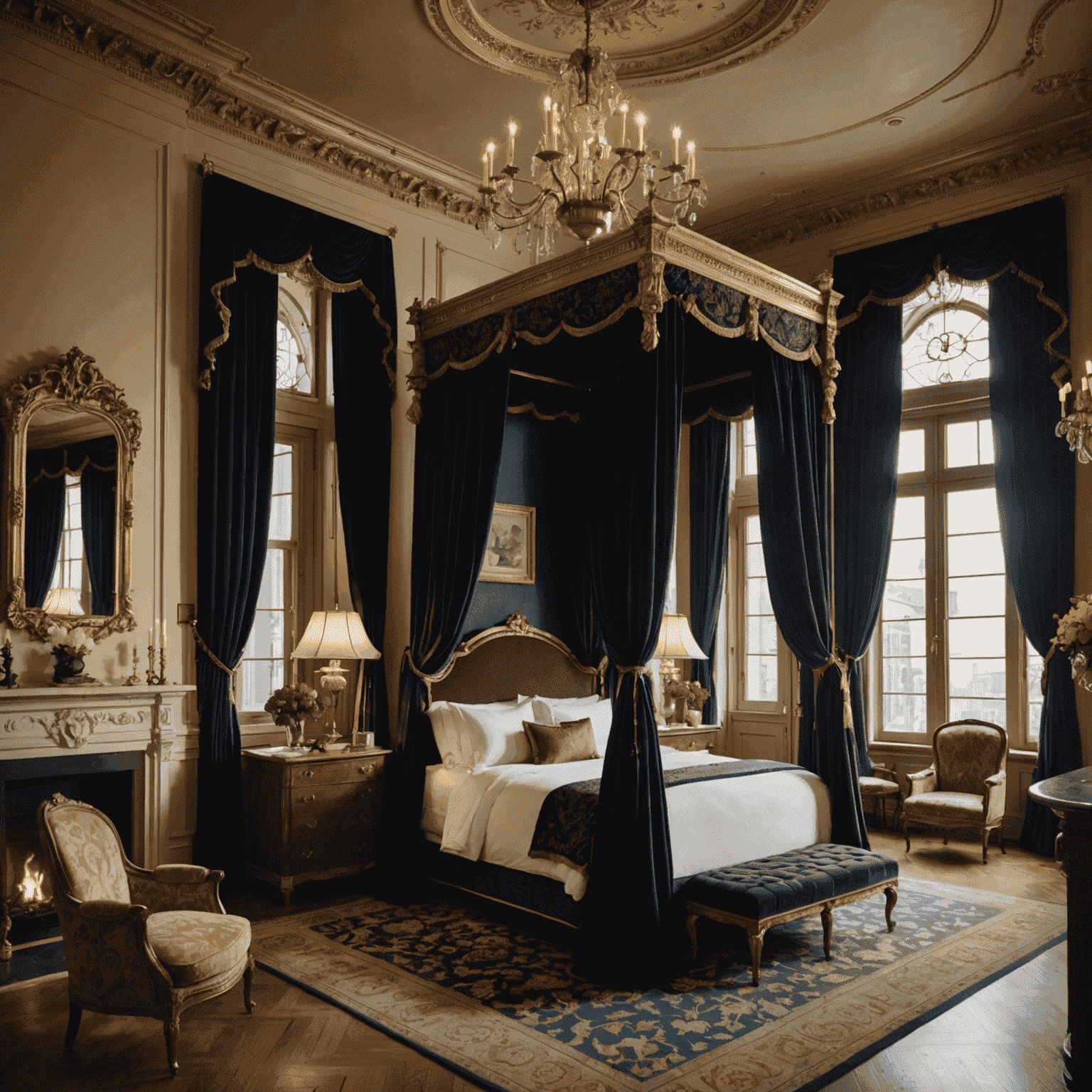 An elegant hotel room with a four-poster bed, featuring rich velvet drapes and ornate gold accents. A crystal chandelier hangs from the high ceiling, and large windows offer views of historic architecture.