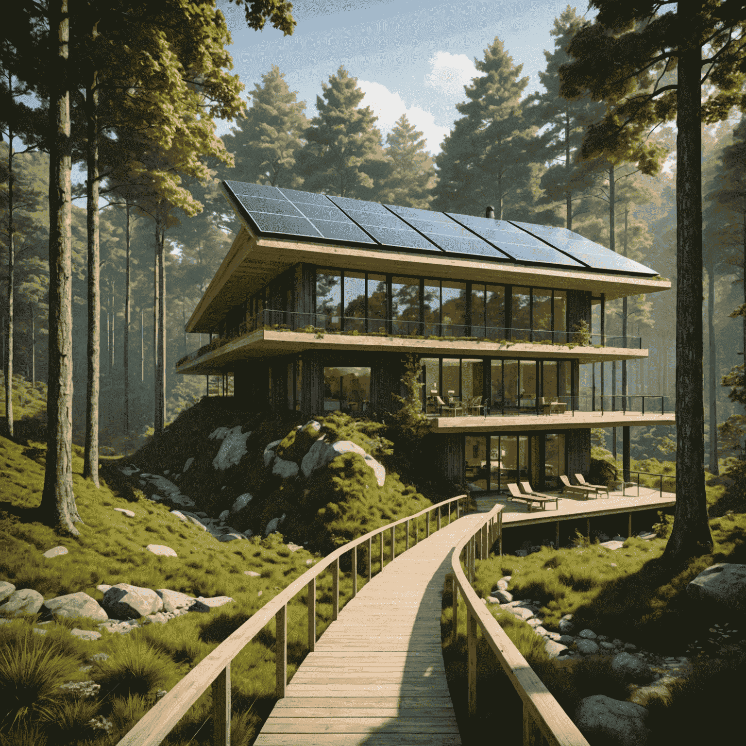 An eco-friendly hotel nestled in nature, featuring solar panels, a green roof, and a facade blending with the surrounding forest. A wooden walkway leads to the entrance.