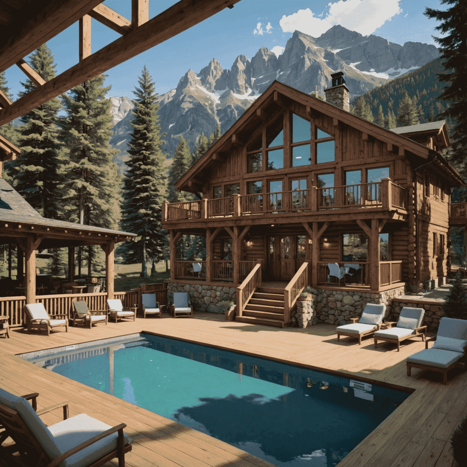 A cozy mountain chalet with panoramic views, featuring a family game room and indoor pool